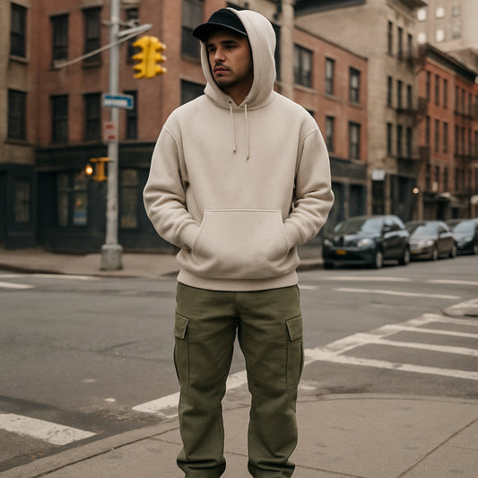 A casually styled young man in classic streetwear staples—hoodie, cargo pants, fresh sneakers—standing on an urban street corner. Alt: Classic streetwear outfit ideas men featuring hoodie, cargos, and sneakers.